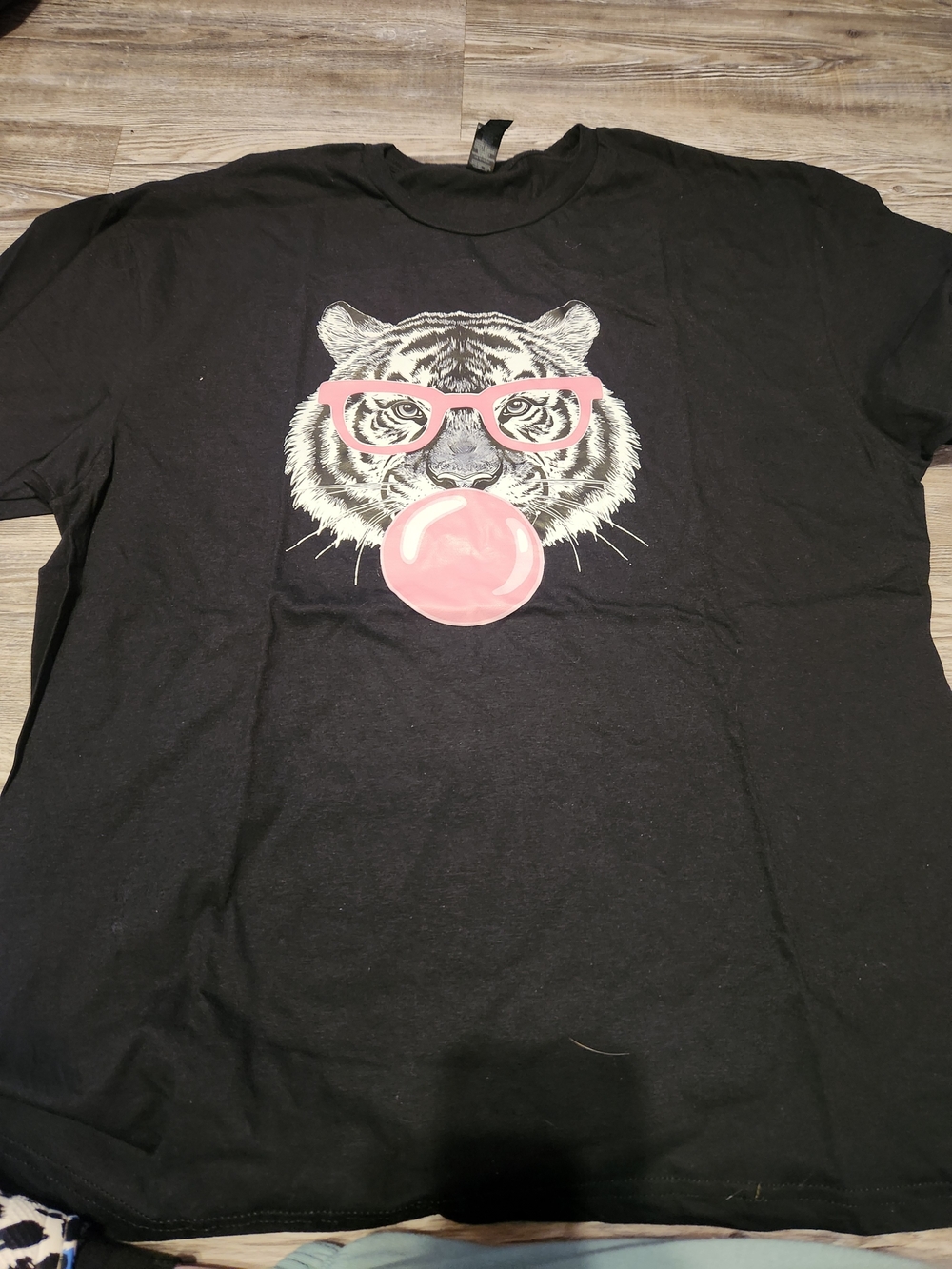 Black Graphic Tee with Pink Glasses Tiger and Bubblegum